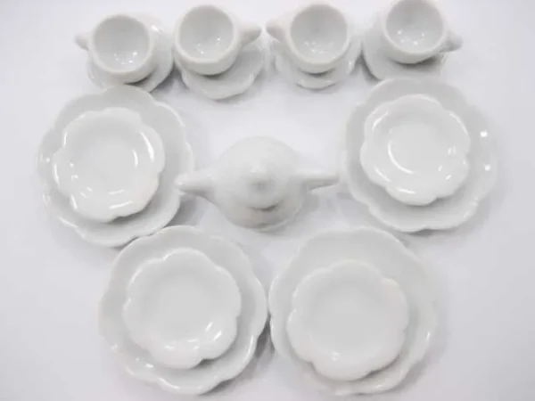 Dollhouse Miniature Ceramic 17 White Scallop Plate Dish Teapot Cup Saucer 3394 - Image 2
