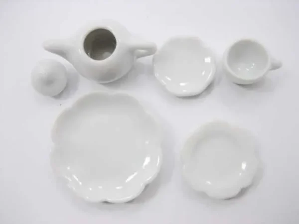 Dollhouse Miniature Ceramic 17 White Scallop Plate Dish Teapot Cup Saucer 3394 - Image 3