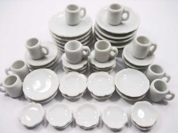50 White Mixed Scallop Plate Round Dish Mug Cup Dollhouse Miniature Ceramic 3567