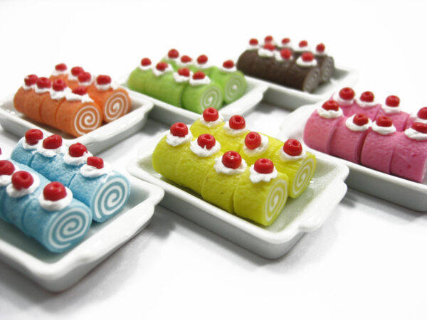 Dollhouse Miniature Food 48 Assorted Color Mixed Roll Cake 6 Ceramic Trays 13080