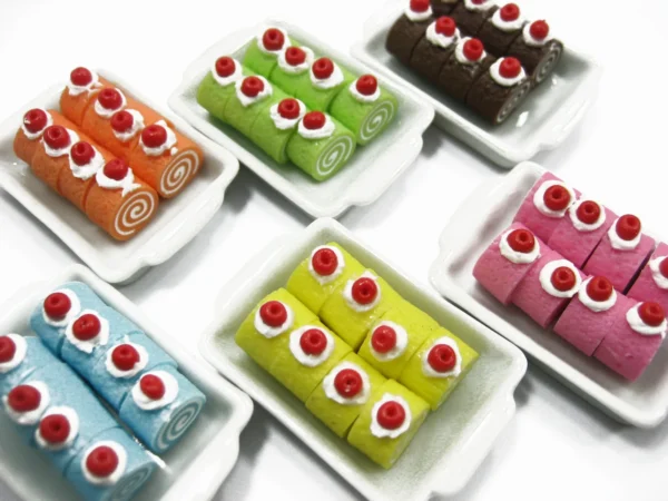 Dollhouse Miniature Food 48 Assorted Color Mixed Roll Cake 6 Ceramic Trays 13080 - Image 2