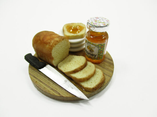 Dollhouse Miniature Food Loaf Of Bread With Honey Wooden Board Preparation 13780