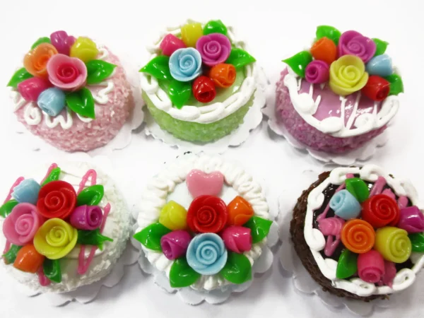Dollhouse Miniature Food Set 2 cm 6 Mixed Color Rose Flower Cake Bakery 15768 - Image 2