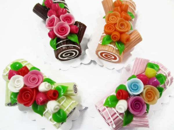 1:6 4 Mixed Color Log Roll Cakes Flower Rose Dollhouse Miniatures Food Dessert 16475 - Image 2