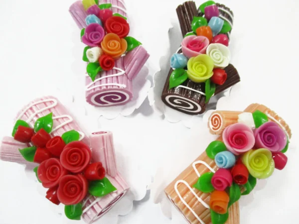 1:6 4 Mixed Color Log Roll Cakes Flower Rose Dollhouse Miniatures Food Bakery 16477 - Image 2