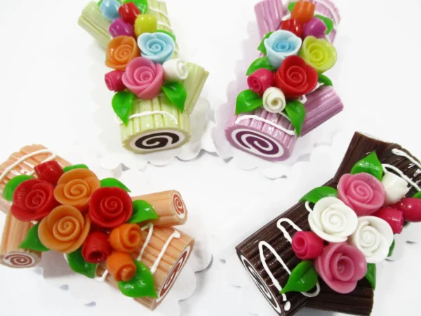 1:6 4 Mixed Color Log Roll Cakes Flower Rose Dollhouse Miniatures Food Dessert 16479 - Image 2