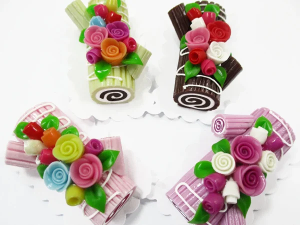 1:6 4 Mixed Color Log Roll Cakes Flower Rose Dollhouse Miniatures Food Dessert 16483 - Image 2