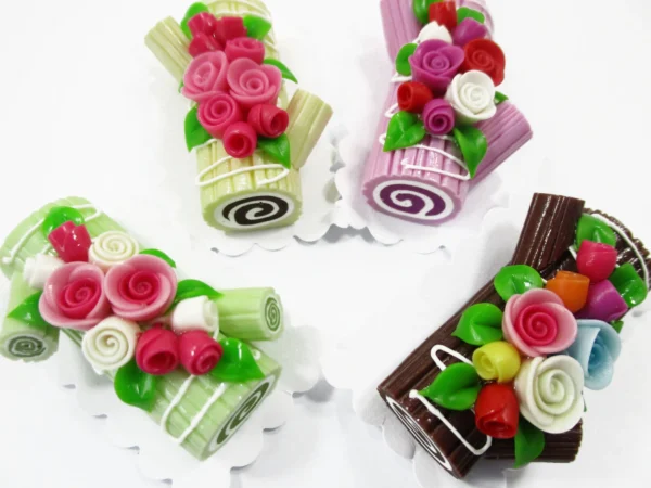 1:6 4 Mixed Color Log Roll Cakes Flower Rose Dollhouse Miniatures Food Dessert 16486 - Image 2