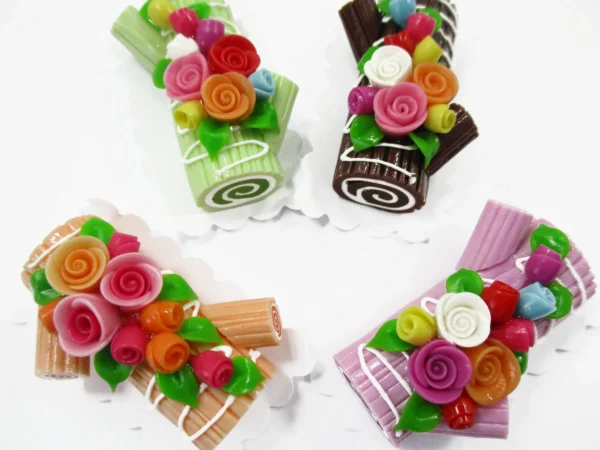 1:6 4 Mixed Color Log Roll Cakes Flower Rose Dollhouse Miniatures Food Dessert 16487 - Image 2