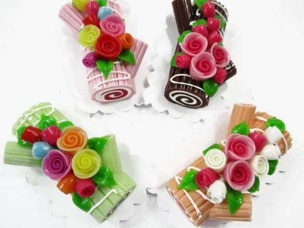 1:6 Dollhouse Miniature Food Bakery 4 Color Log Roll Cakes Flower Rose Dessert 16488 - Image 2