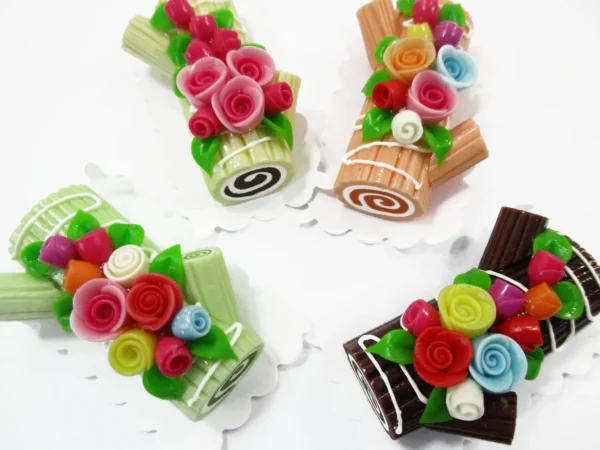 1:6 4 Mixed Color Log Roll Cakes Flower Rose Dollhouse Miniatures Food Bakery 16489 - Image 2