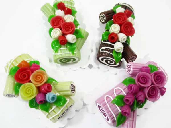 1:6 4 Mixed Color Log Roll Cakes Flower Rose Dollhouse Miniatures Food Dessert 16490 - Image 2