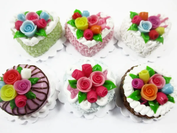 Dollhouse Miniature Food Set 2 cm 6 Mixed Color Rose Flower Cake Bakery 16515 - Image 2