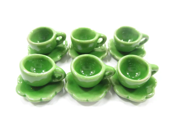 Dollhouse Miniature Ceramic Green Coffee Cup Saucer Scallop Plate #S - Image 2