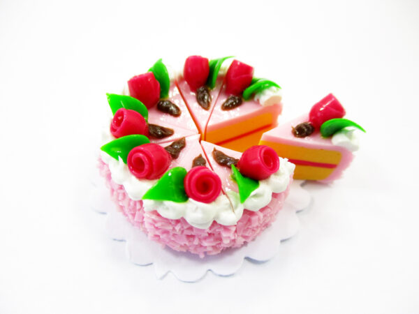 Dollhouse Strawberry Pink Slice Cake Miniature Clay Tiny Mini Cake 8 Cuts 16867