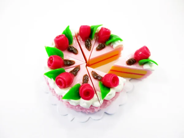 Dollhouse Strawberry Pink Slice Cake Miniature Clay Tiny Mini Cake 8 Cuts 16867 - Image 2