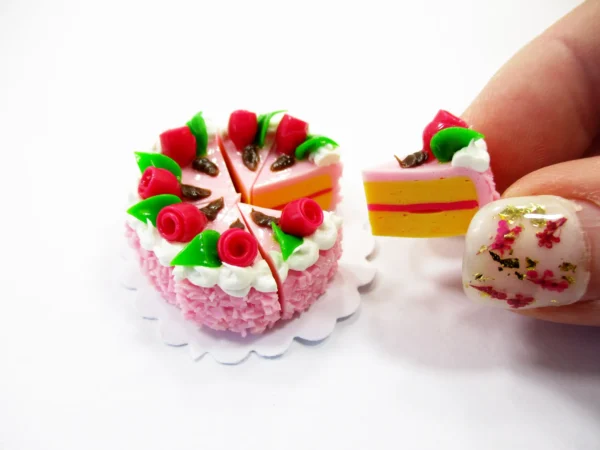 Dollhouse Strawberry Pink Slice Cake Miniature Clay Tiny Mini Cake 8 Cuts 16867 - Image 3