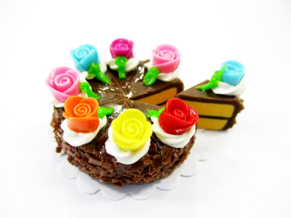 Dollhouse Chocolate Slice Cake Miniature Cake 8 Cuts Rose Flower Tiny Cake 16876