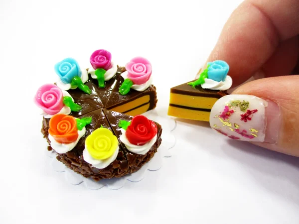Dollhouse Chocolate Slice Cake Miniature Cake 8 Cuts Rose Flower Tiny Cake 16876 - Image 3