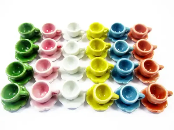 Dollhouse Miniature Mixed Color Ceramic Cup Saucer Scallop Plate #S - Image 2