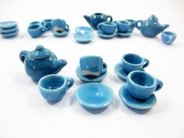 4/9 Blue Teapot Tea Cup Saucer Round Plate Doll house Miniature Ceramic #S 4046