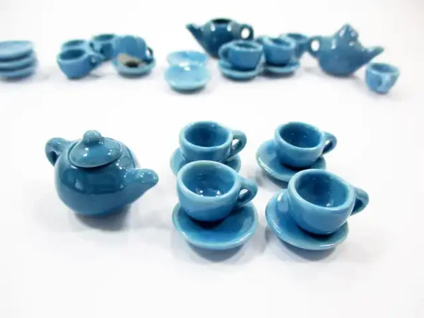 4/9 Blue Teapot Tea Cup Saucer Round Plate Doll house Miniature Ceramic #S 4046 - Image 2