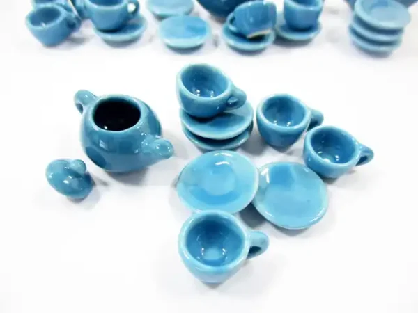 4/9 Blue Teapot Tea Cup Saucer Round Plate Doll house Miniature Ceramic #S 4046 - Image 3