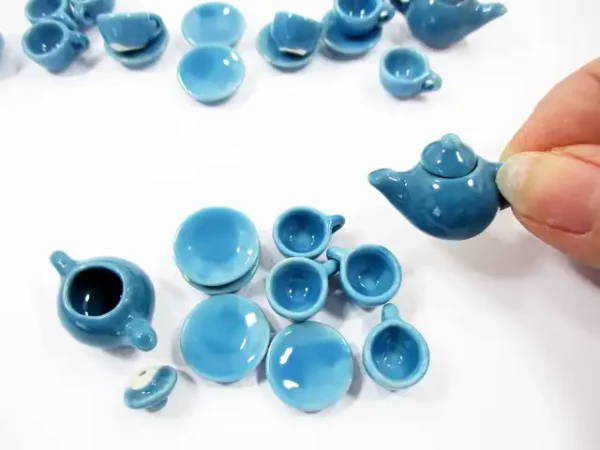 4/9 Blue Teapot Tea Cup Saucer Round Plate Doll house Miniature Ceramic #S 4046 - Image 5