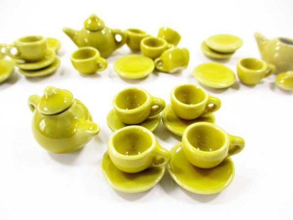 4/9 Yellow Teapot Tea Cup Saucer Round Plate Dollhouse Miniature Ceramic #S 4049