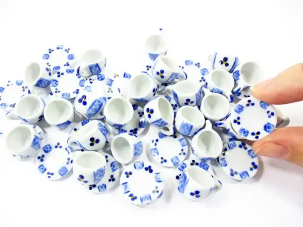 1:6 Dollhouse Miniature Ceramic 24/48 Blue Paint Tea Cup Saucer Round Plate #M 4067 - Image 5