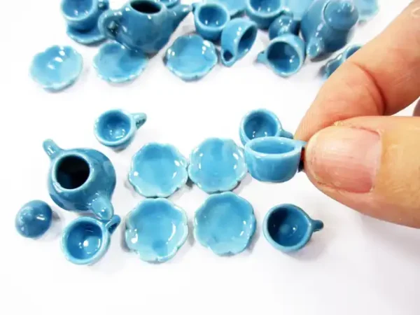 Dollhouse Miniature Ceramic 4/9 Blue Teapot Tea Cup Saucer Scallop Plate #S 4420 - Image 3