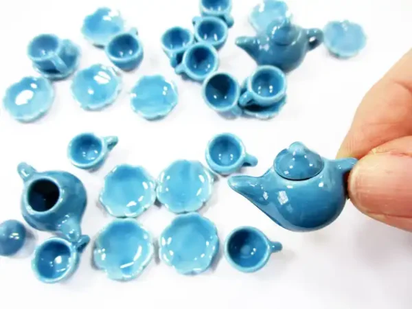 Dollhouse Miniature Ceramic 4/9 Blue Teapot Tea Cup Saucer Scallop Plate #S 4420 - Image 5