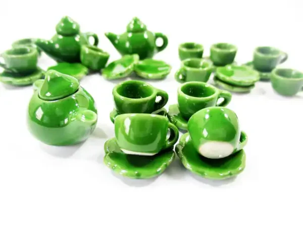 Dollhouse Miniature Ceramic 4/9 Green Teapot Cup Saucer Scallop Plate #S 4421 - Image 2