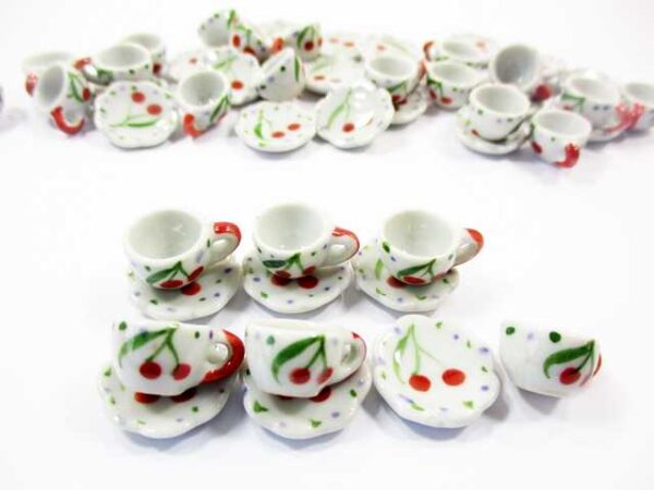 Cherry Tea Cup Saucer Scallop Plate Dolls House Miniature Ceramic #S