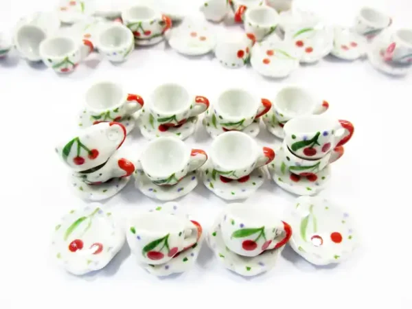 Cherry Tea Cup Saucer Scallop Plate Dolls House Miniature Ceramic #S - Image 2