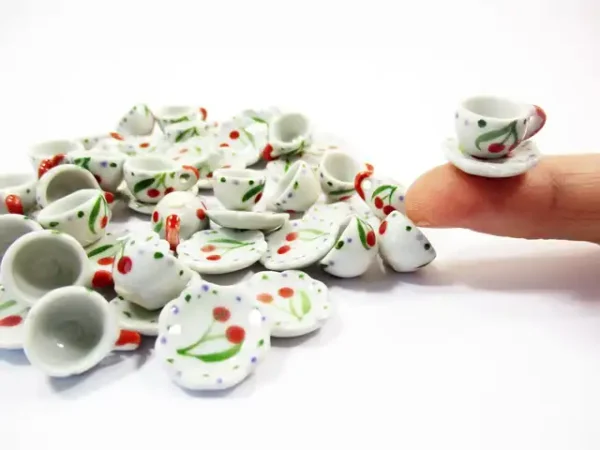 Cherry Tea Cup Saucer Scallop Plate Dolls House Miniature Ceramic #S - Image 3