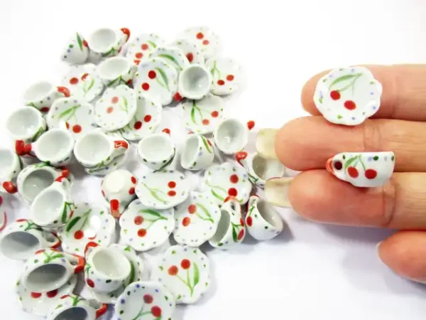 Cherry Tea Cup Saucer Scallop Plate Dolls House Miniature Ceramic #S - Image 6