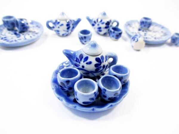 Dollhouse Miniature Ceramic Blue Flower Paint Tea Cup Set Tea Pot Supply 13248