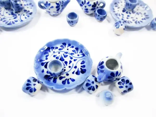Dollhouse Miniature Ceramic Blue Flower Paint Tea Cup Set Tea Pot Supply 13248 - Image 2