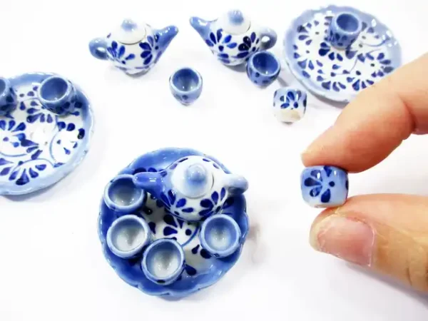 Dollhouse Miniature Ceramic Blue Flower Paint Tea Cup Set Tea Pot Supply 13248 - Image 3