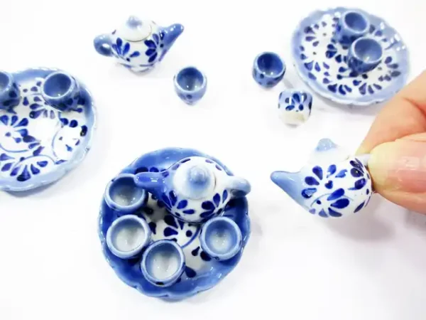 Dollhouse Miniature Ceramic Blue Flower Paint Tea Cup Set Tea Pot Supply 13248 - Image 4