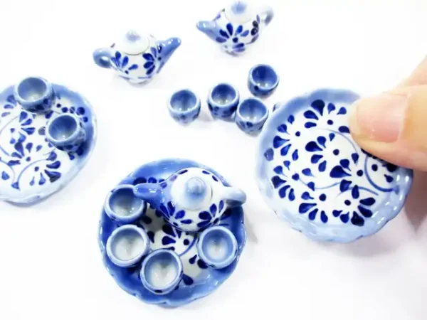 Dollhouse Miniature Ceramic Blue Flower Paint Tea Cup Set Tea Pot Supply 13248 - Image 5