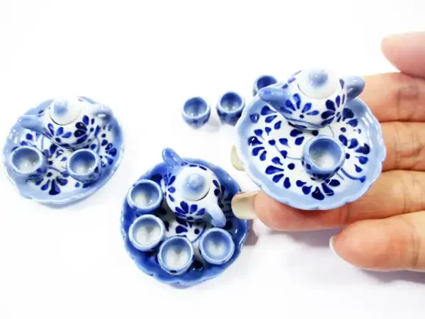 Dollhouse Miniature Ceramic Blue Flower Paint Tea Cup Set Tea Pot Supply 13248 - Image 6