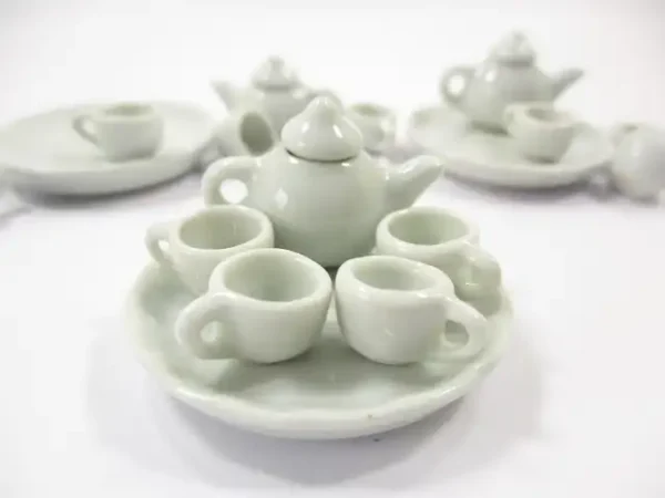 Dollhouse Miniature Kitchen Ceramic White Teapot Coffee Tea Cup Tray Supply 6857 - Image 2