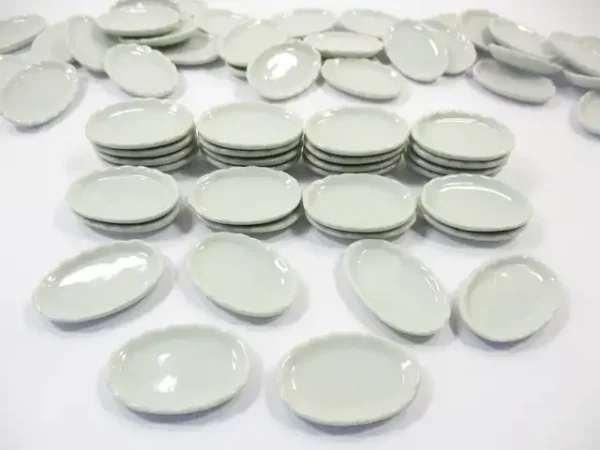 35mm Mini Plate Dish Dollhouse Miniature Ceramic White Oval Scallop Rim - Image 2