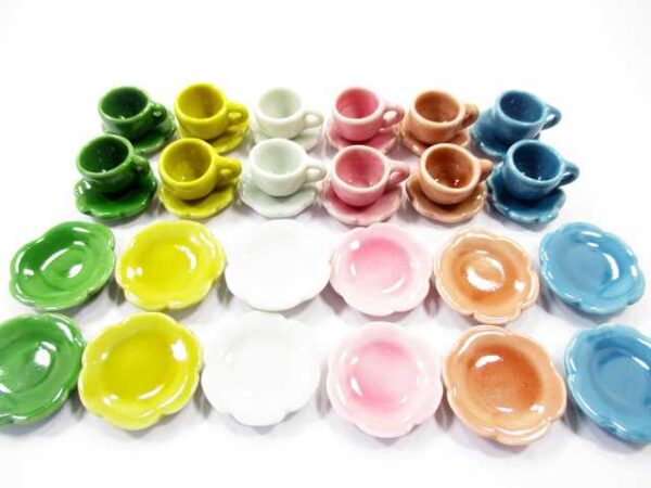 Dollhouse Miniature Mixed Ceramic 36 Coffee Cup Saucer Scallop Dish Plate 1712