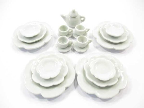 Dollhouse Miniature Ceramic 21 White Scallop Plate Dish Teapot Cup Saucer 2359