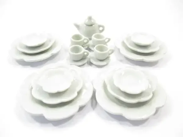 Dollhouse Miniature Ceramic 21 White Scallop Plate Dish Teapot Cup Saucer 2359 - Image 2