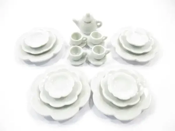 Dollhouse Miniature Ceramic 21 White Scallop Plate Dish Teapot Cup Saucer 2359 - Image 3