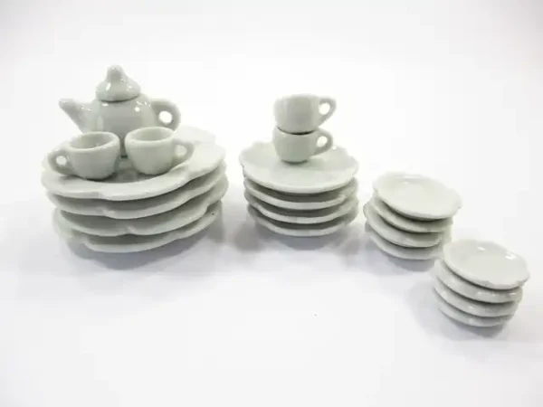 Dollhouse Miniature Ceramic 21 White Scallop Plate Dish Teapot Cup Saucer 2359 - Image 4